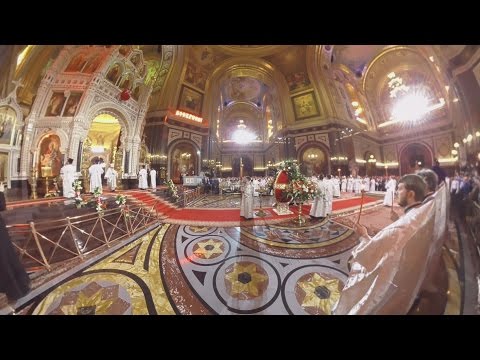 panorama of orthodox easter service in moscow