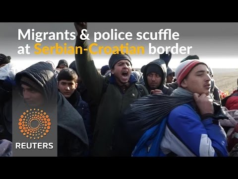 migrants and police scuffle at border between serbia and croatia